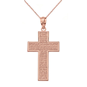 Solid Rose Gold The Lord's Our Father Prayer Cross Pendant Necklace