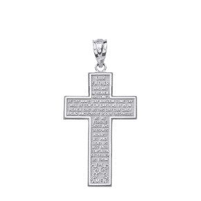 Solid White Gold The Lord's Our Father Prayer Cross Pendant Necklace