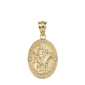 Engravable Diamond Saint Martin of Tours Pray For Us Oval Pendant Necklace  (1.04") in Gold (Yellow/Rose/White)