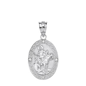 Sterling Silver Engravable CZ Saint Martin of Tours Pray For Us Oval Pendant Necklace  (1.04")