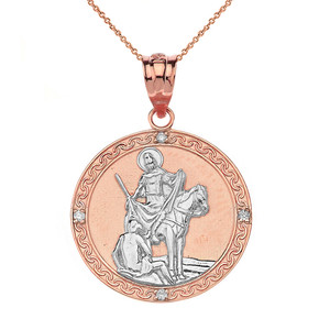 Solid Two Tone Rose Gold Engravable Diamond Saint Martin of Tours Pray For Us Circle Pendant Necklace  (1.15")