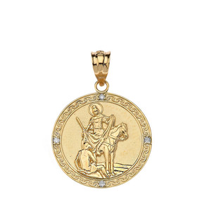Engravable Diamond Saint Martin of Tours Pray For Us Circle Pendant Necklace  (1.04") in Gold (Yellow/Rose/White)