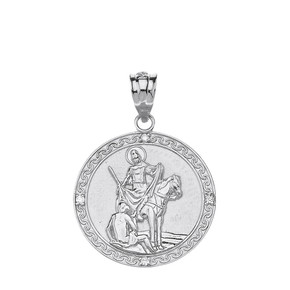 Sterling Silver Engravable CZ Saint Martin of Tours Pray For Us Circle Pendant Necklace  (1.04")