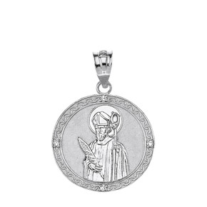 Solid White Gold Engravable Diamond Saint Valentine Pray For Us Circle Pendant Necklace  (1.04")