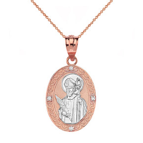 Solid Two Tone Rose Gold Engravable Diamond Saint Valentine Pray For Us Oval Pendant Necklace  (1.04")