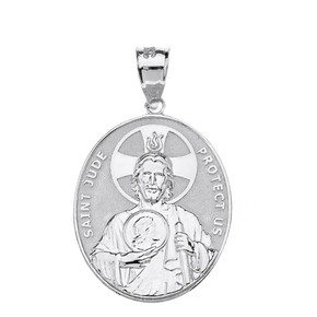 Sterling Silver Large Saint Jude Protect Us Oval Pendant Necklace  (1.32")