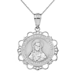 Solid White Gold Diamond Sacred Heart of Jesus Have Mercy on Us Circle Pendant Necklace