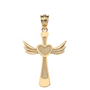 Winged Heart Cross Pendant Necklace in Gold (Yellow/Rose/White)