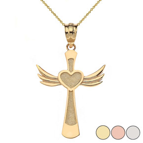 Winged Heart Cross Pendant Necklace in Gold (Yellow/Rose/White)