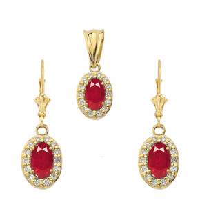 Solid Gold Diamond and Ruby Oval Pendant Necklace and Earrings Set(Available In Yellow/Rose/White Gold)