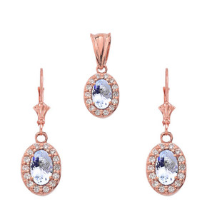 Diamond and Aquamarine Oval Pendant Necklace and Earrings Set in 14k Rose Gold
