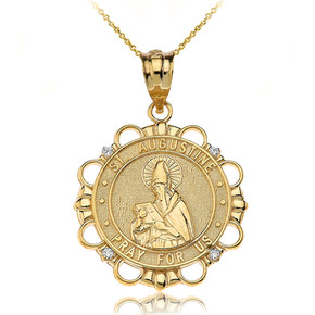 Yellow Gold Diamond Saint Augustine Patron Saint Of Brewers Pray For Us Medallion Pendant Necklace