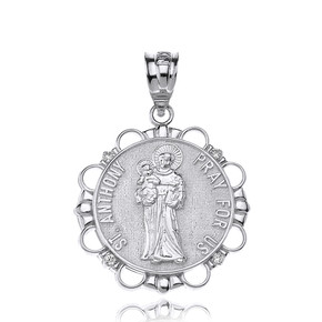 Sterling Silver CZ Saint Anthony Pray For Us Circle Pendant Necklace