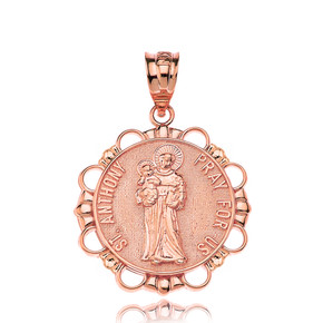 Solid Rose Gold Saint Anthony Pray For Us Circle Pendant Necklace