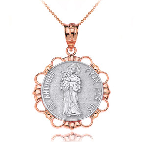 Solid Two Tone Rose Gold Saint Anthony Pray For Us Circle Pendant Necklace