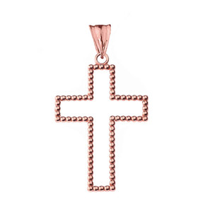 Two Sided Beaded Open Cross Pendant Necklace in Rose Gold (1.5")