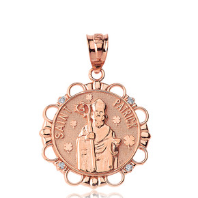 Solid Rose Gold Diamond Saint Patrick Circle Pendant Necklace