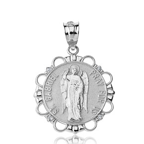 Sterling Silver CZ Saint Gabriel Pray For Us Circle Pendant Necklace