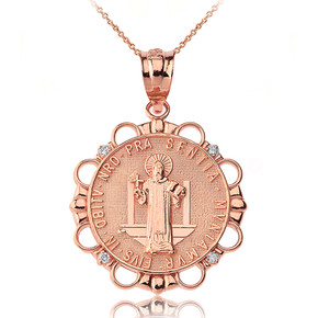 Solid Rose Gold Diamond Saint Benito Circle Pendant Necklace