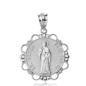 Solid White Gold Diamond Saint Peter Pray For Us  Circle Pendant Necklace