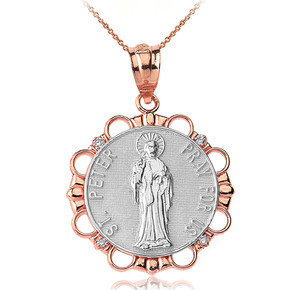 Solid Two Tone Rose Gold Diamond Saint Peter Pray For Us  Circle Pendant Necklace