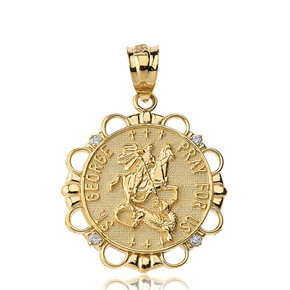 Solid Yellow Gold Diamond Saint George Pray For Us  Circle Pendant Necklace