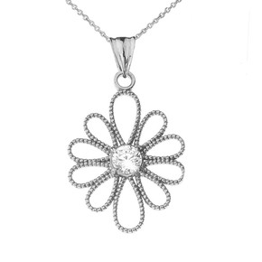 Designer Milgrain Flower Pendant Necklace in White Gold