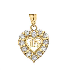 Yellow Gold Cubic Zirconia Heart 15 Años Quinceañera Pendant Yellow Gold Cubic Zirconia Heart 15 Años Quinceañera Pendant