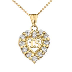 Yellow Gold Cubic Zirconia Heart 15 Años Quinceañera Pendant Necklace Yellow Gold Cubic Zirconia Heart 15 Años Quinceañera Pendant Necklace