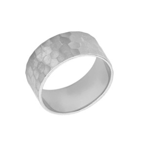 Solid White Gold Hammered 10 Millimeter Wedding Band