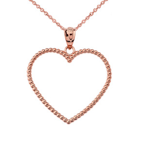 Two Sided Beaded Open Heart Pendant Necklace in Rose Gold (1.1")