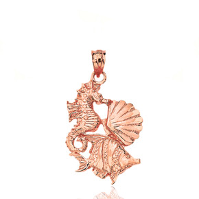 Solid Rose Gold Seahorse Clam and Fish Pendant Necklace