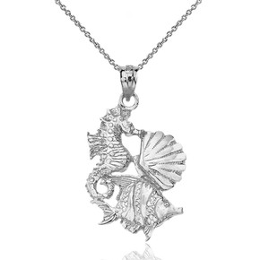 Solid White Gold Seahorse Clam and Fish Pendant Necklace
