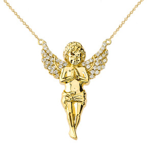 14K Yellow Gold Praying Cherub Angel Pendant Necklace