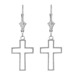 Two Sided Beaded Open Cross Earrings in Sterling Silver