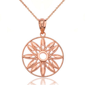 Solid Rose Gold Sparkle Cut Floral Design Round Pendant Necklace