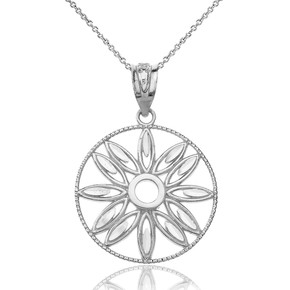 Solid White Gold Sparkle Cut Floral Design Round Pendant Necklace