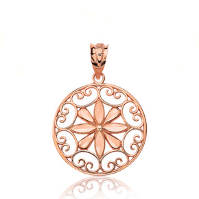 Solid Rose Gold Sparkle Cut Floral Swirl Design Round Pendant Necklace