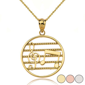 Music Notes Circle Pendant Necklace in Gold (Yellow/Rose/White)