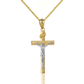 Solid Two Tone Yellow Gold INRI Jesus of Nazareth Crucifix with Wooden Texture Pendant Necklace (Medium)