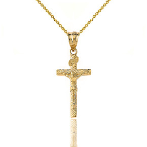 Solid Yellow Gold INRI Jesus of Nazareth Crucifix with Wooden Texture Pendant Necklace (Small)