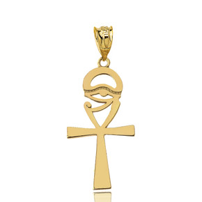 Yellow Gold Egyptian Ankh Cross Eye of Horus Wedjet Pendant