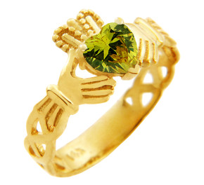 Gold Claddagh Trinity Band Ring with Peridot Birthstone.  Available in your choice of 14k or 10k gold.
