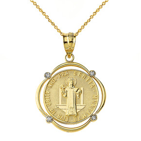 Solid Yellow Gold Saint Benito Diamond Circular Frame Pendant Necklace