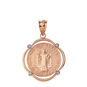 Solid Rose Gold Saint Benito Diamond Circular Frame Pendant Necklace