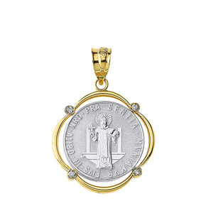 Two Tone Yellow Gold Saint Benito Diamond Circular Frame Pendant Necklace