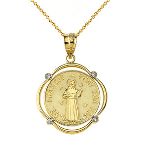 Solid Gold Saint Francis Pray For Us Diamond Circular Frame Pendant Necklace(Available in Yellow/Rose/White/Two-Tone)