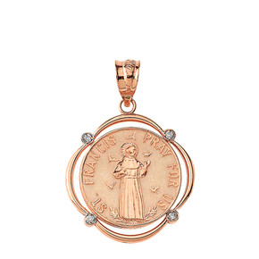 Solid Rose Gold Saint Francis Pray For Us Diamond Circular Frame Pendant Necklace