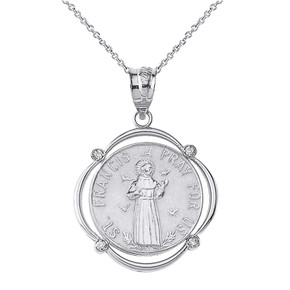 Solid White Gold Saint Francis Pray For Us Diamond Circular Frame Pendant Necklace