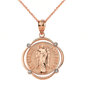 Solid Rose Gold Saint Gabriel Pray For Us Diamond Circular Frame Pendant Necklace